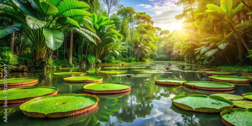 Dense jungle foliage with giant water lilies on a serene lake, jungle, serene lake, jungle Dense jungle foliage with giant water lilies on a serene lake, jungle, serene lake, jungle