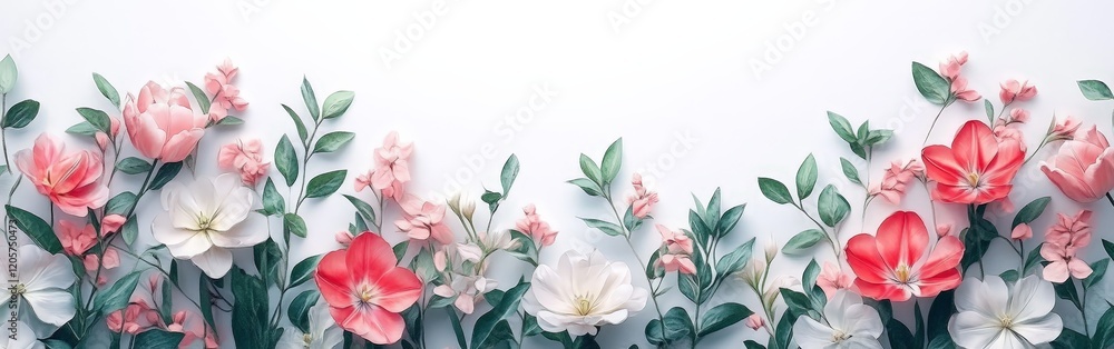 Pink and white tulips with lush green leaves on a white background, showcasing elegance and simplicity. Ideal for floral-themed designs, nature promotions, or greeting cards. Pink and white tulips with lush green leaves on a white background, showcasing elegance and simplicity. Ideal for floral-themed designs, nature promotions, or greeting cards.