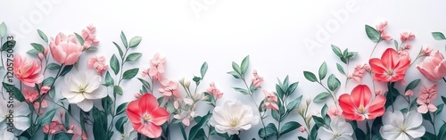 Wallpaper Mural Pink and white tulips with lush green leaves on a white background, showcasing elegance and simplicity. Ideal for floral-themed designs, nature promotions, or greeting cards. Torontodigital.ca