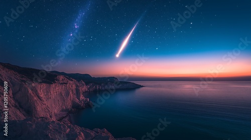 Comet's Graceful Descent over Ocean Horizon,Cinematic彗星の優雅な下降、海の水平線を彩る.Generative AI photo