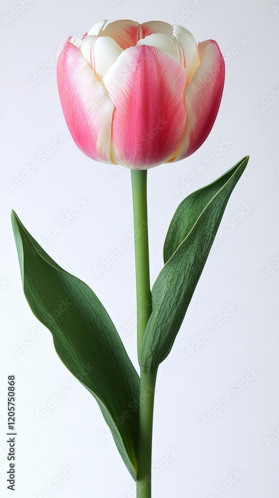 Pink and white tulips with lush green leaves on a white background, showcasing elegance and simplicity. Ideal for floral-themed designs, nature promotions, or greeting cards. Pink and white tulips with lush green leaves on a white background, showcasing elegance and simplicity. Ideal for floral-themed designs, nature promotions, or greeting cards.