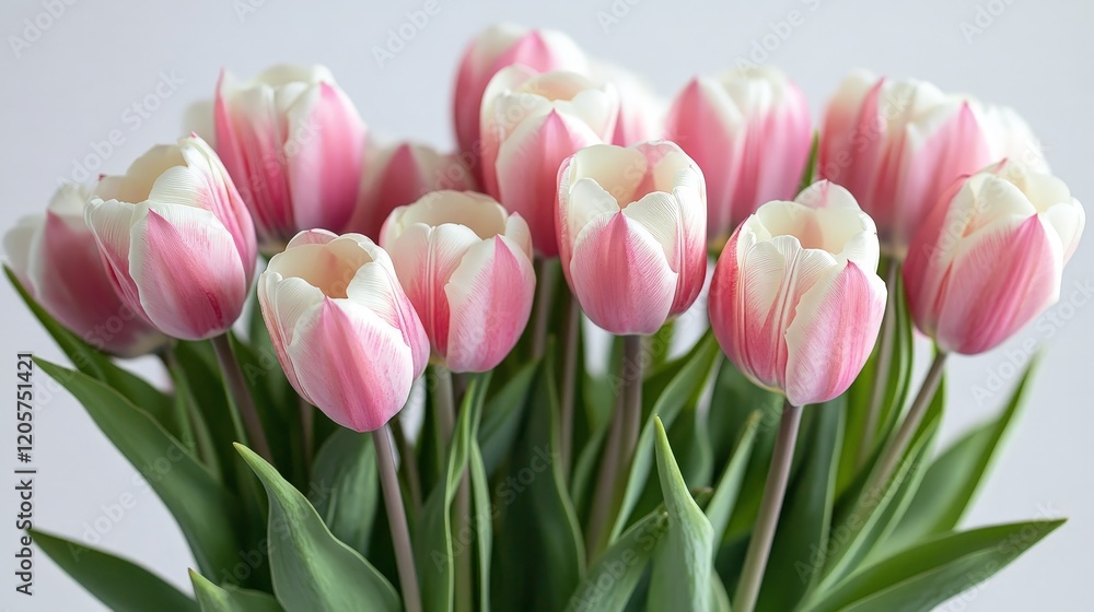 Pink and white tulips with lush green leaves on a white background, showcasing elegance and simplicity. Ideal for floral-themed designs, nature promotions, or greeting cards. Pink and white tulips with lush green leaves on a white background, showcasing elegance and simplicity. Ideal for floral-themed designs, nature promotions, or greeting cards.