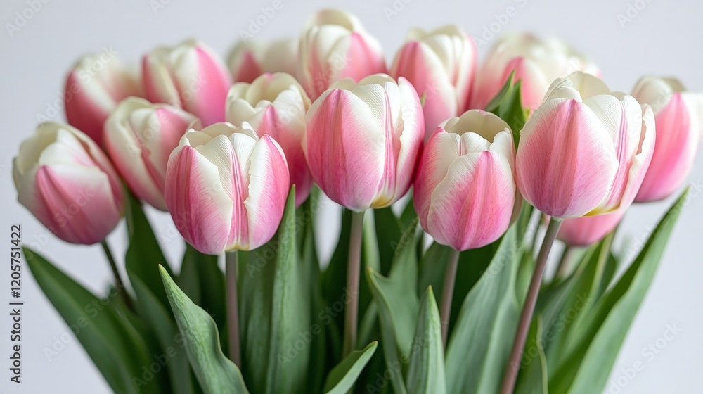 Pink and white tulips with lush green leaves on a white background, showcasing elegance and simplicity. Ideal for floral-themed designs, nature promotions, or greeting cards. Pink and white tulips with lush green leaves on a white background, showcasing elegance and simplicity. Ideal for floral-themed designs, nature promotions, or greeting cards.