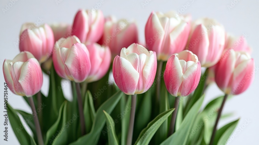 Pink and white tulips with lush green leaves on a white background, showcasing elegance and simplicity. Ideal for floral-themed designs, nature promotions, or greeting cards. Pink and white tulips with lush green leaves on a white background, showcasing elegance and simplicity. Ideal for floral-themed designs, nature promotions, or greeting cards.