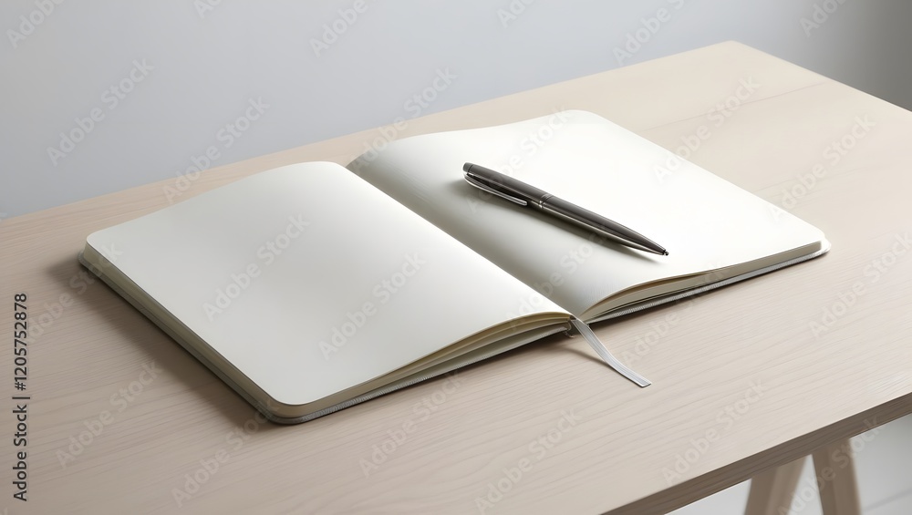 Open Blank Notebook with Pen on Wooden Desk for Creative Writing Open Blank Notebook with Pen on Wooden Desk for Creative Writing