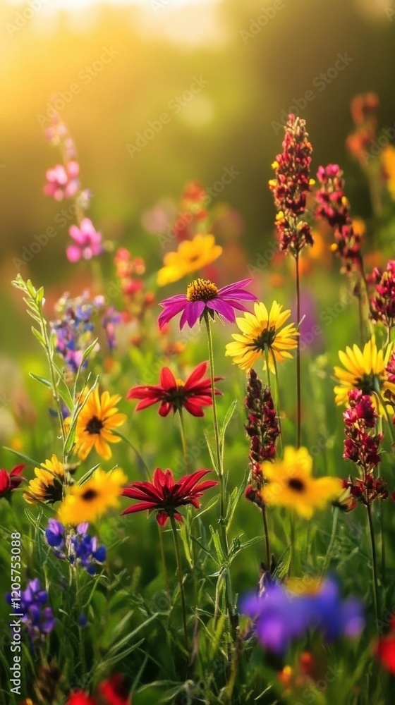 Obraz premium Vibrant wildflowers blooming in a sunlit meadow during spring season.