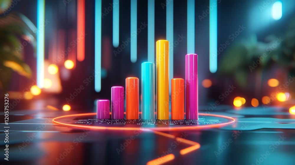 A vibrant, futuristic bar graph displays colorful data visualization in a digital environment, enhanced by glowing lights and a modern aesthetic. A vibrant, futuristic bar graph displays colorful data visualization in a digital environment, enhanced by glowing lights and a modern aesthetic.