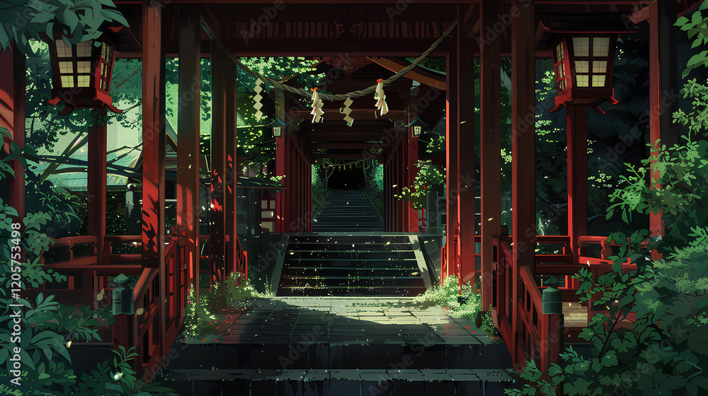 interior of the Japanese shrine is depicted in an anime-inspired style, with red walls and wooden structures adorned by hanging lanterns interior of the Japanese shrine is depicted in an anime-inspired style, with red walls and wooden structures adorned by hanging lanterns
