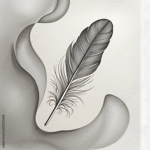 A solitary, delicate feather rendered in exquisite monochrome hues, ranging from soft grays to deep charcoals, with intricate fine line art details that accentuate its slender shaft, barbs, and subtle photo