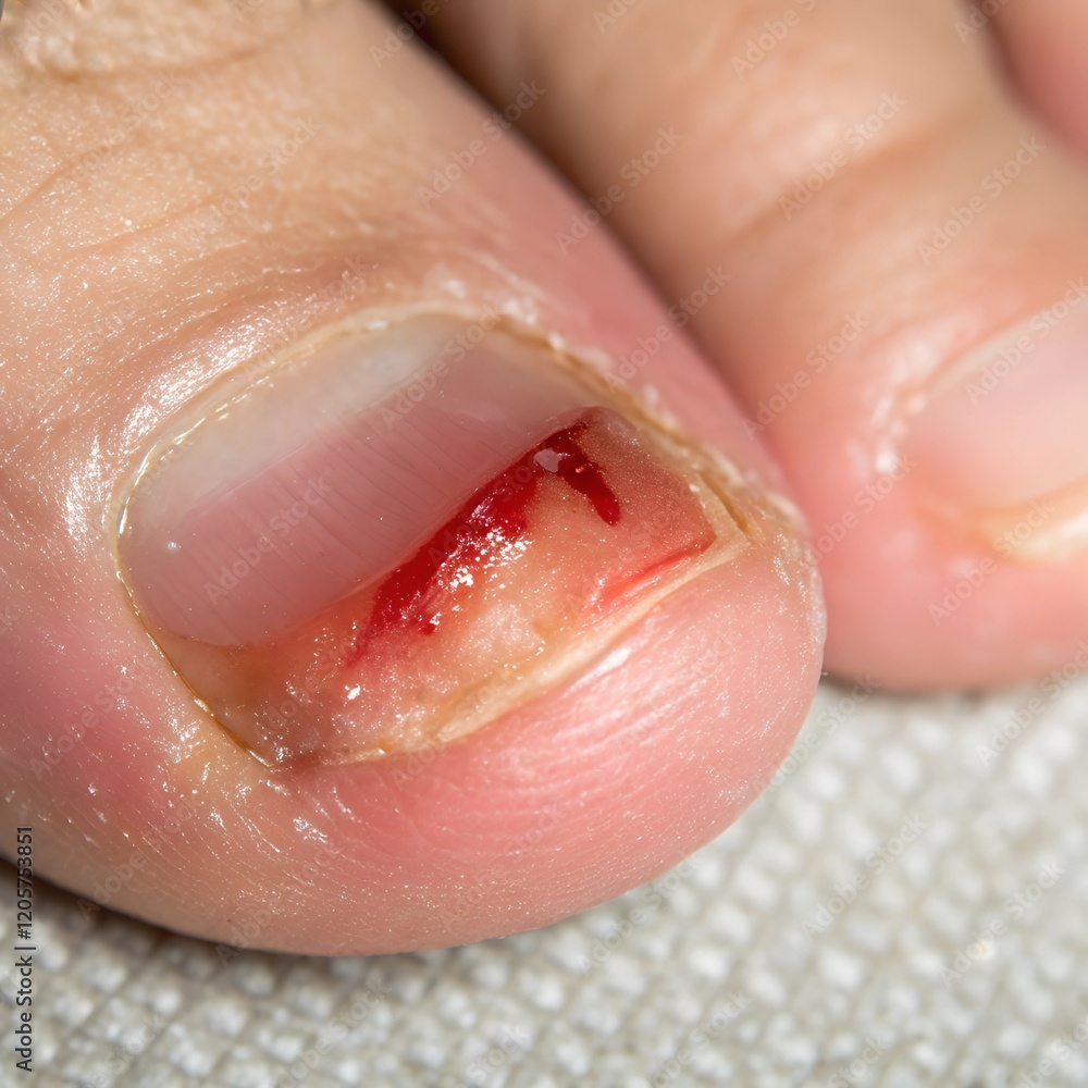 Fototapeta premium An infected big toenail with inflammation, redness, and minor bleeding on the cuticle area
