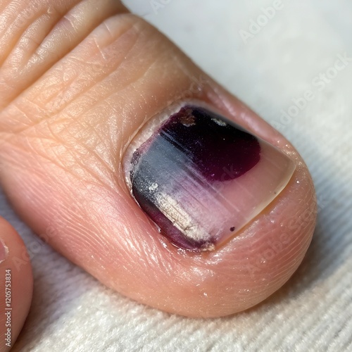 Subungual hematoma under fingernail with dark discoloration