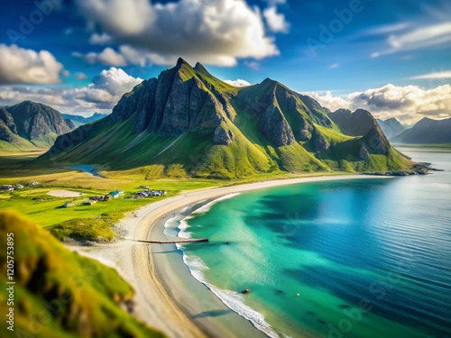 Bleik Beach, Andøya Island, Norway: Stunning Tilt-Shift Panorama of Black Green Mountains and Coastal Scene photo