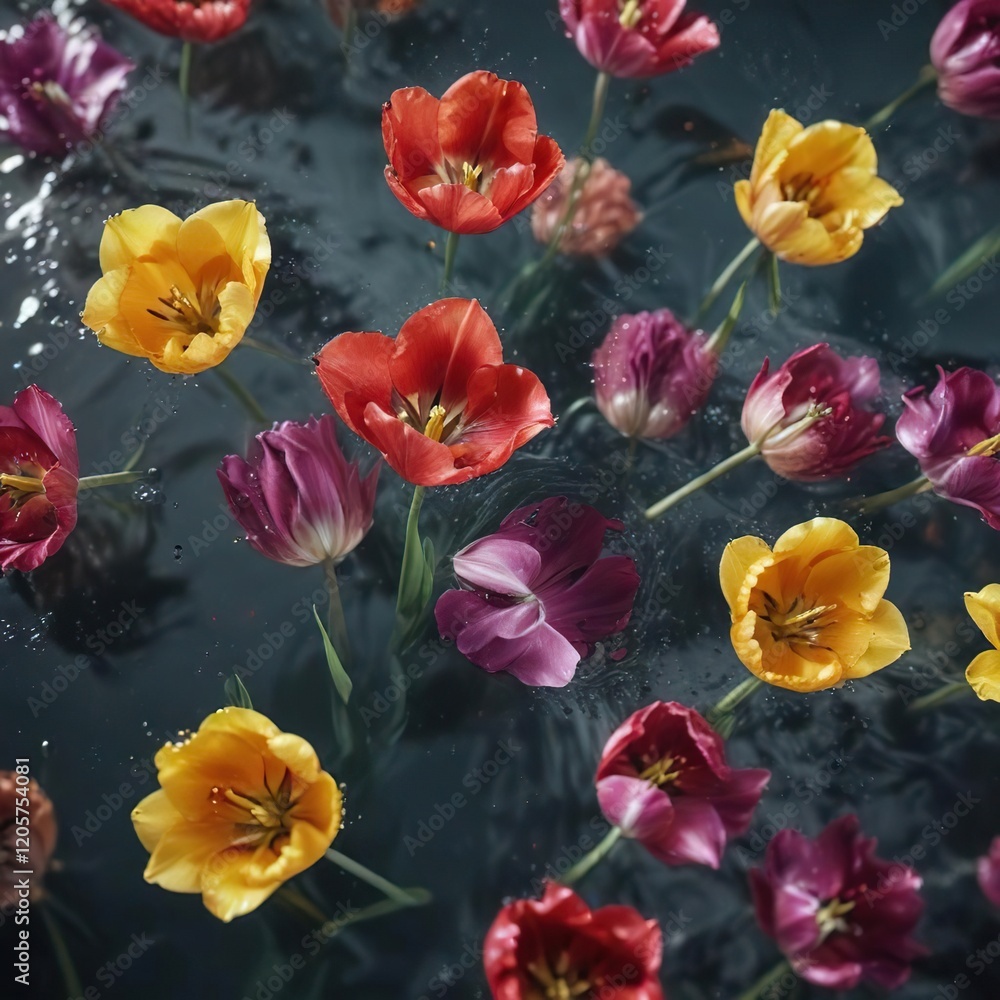 Fototapeta premium Abstract composition of colorful tulip petals floating in water, floral, abstract