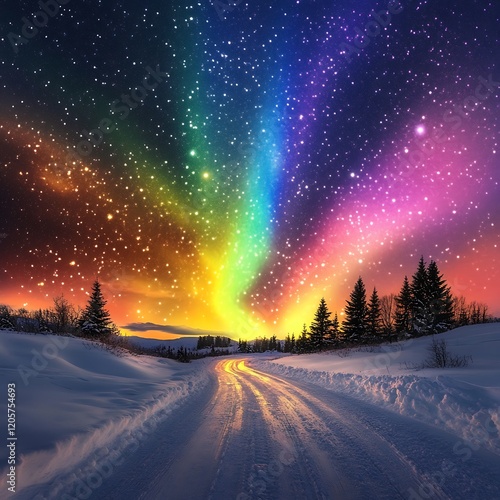 Dreamy Arctic Road Under Magical Aurora Display photo