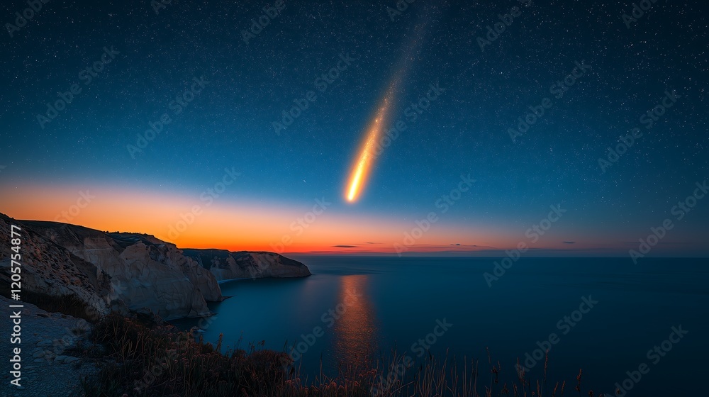 Starlit Night with Comet on the Horizon,Cinematic水平線に彗星が輝く星夜.Generative AI Starlit Night with Comet on the Horizon,Cinematic水平線に彗星が輝く星夜.Generative AI