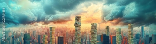 A surreal cityscape where skyscrapers are built from stacks of banknotes, slowly collapsing under their own weight, storm clouds looming overhead photo