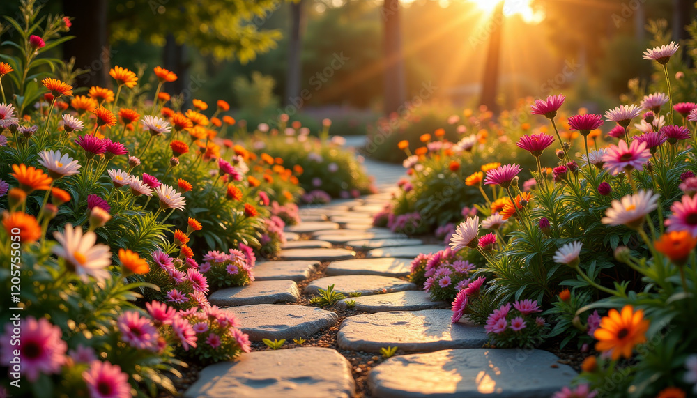 Obraz premium Charming blooming flowers in golden sunset light lining a stone pathway in a garden
