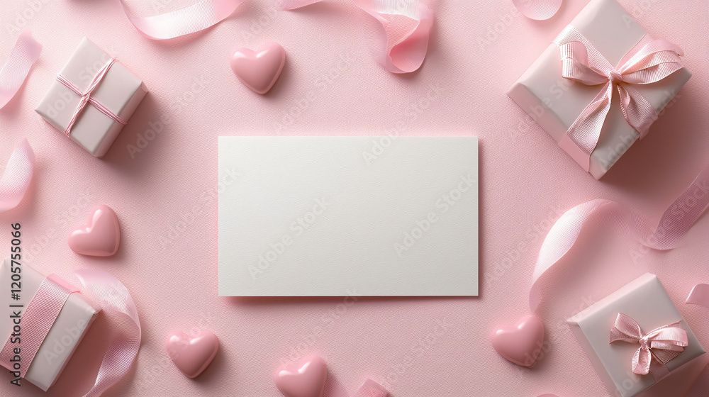 Blank card placed on a pink background with decorative hearts, ribbons, and small gift boxes around it Blank card placed on a pink background with decorative hearts, ribbons, and small gift boxes around it