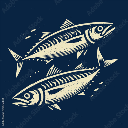 Minimalistic hand-drawn mackerel fish illustration in black and white