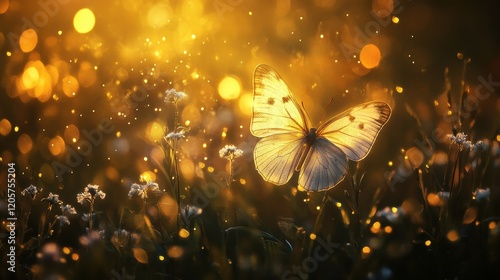 Firefly-like bokeh in golden yellows and soft whites, magical evening atmosphere 