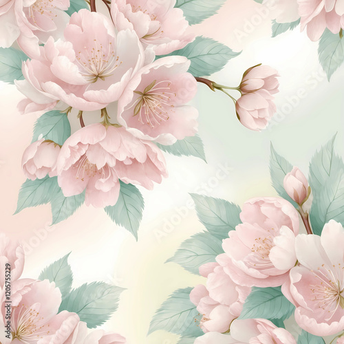 A serene and intricate seamless pattern of blooming cherry blossoms with gentle, blush-like soft pink petals that softly unfurl from delicate, mint-green leaves, set against a calming pale pastel back