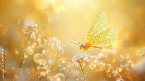 Firefly-like bokeh in golden yellows and soft whites, magical evening atmosphere 