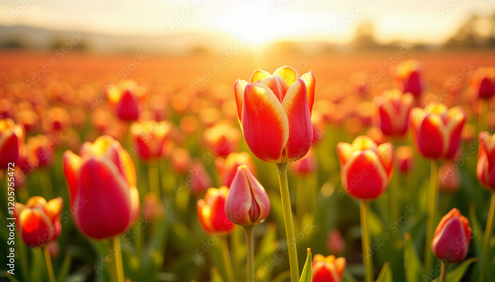 Obraz premium Vibrant close-up of colorful tulips blooming in a vast field under soft golden light on a sunny spring day