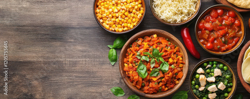 variety of colorful dishes including vegetables, rice, and herbs on wooden table