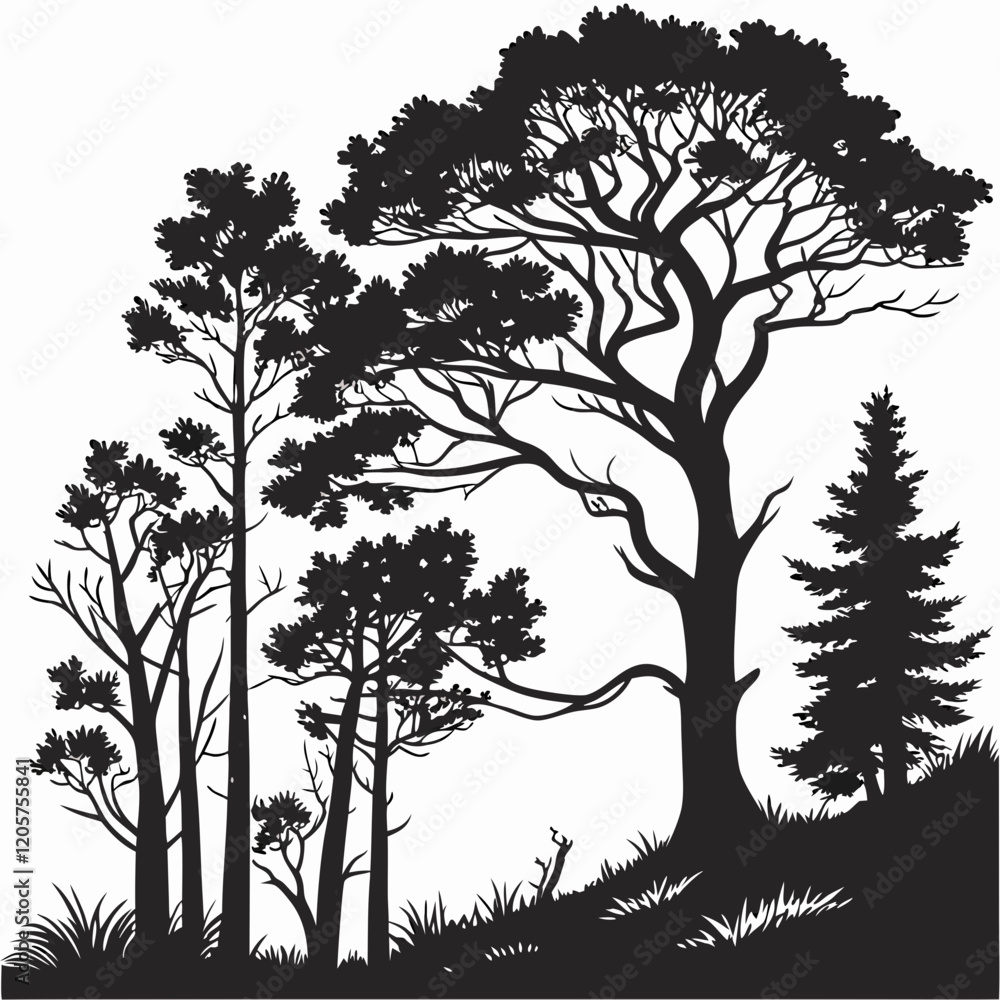 Obraz premium Midnight Forest vector silhouette black design white background