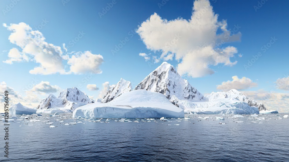 custom made wallpaper toronto digitalClimate change: Pollution and temperature rise. Majestic icebergs floating in calm ocean waters under blue skies.