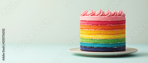 vibrant rainbow themed wedding cake with pink frosting on top