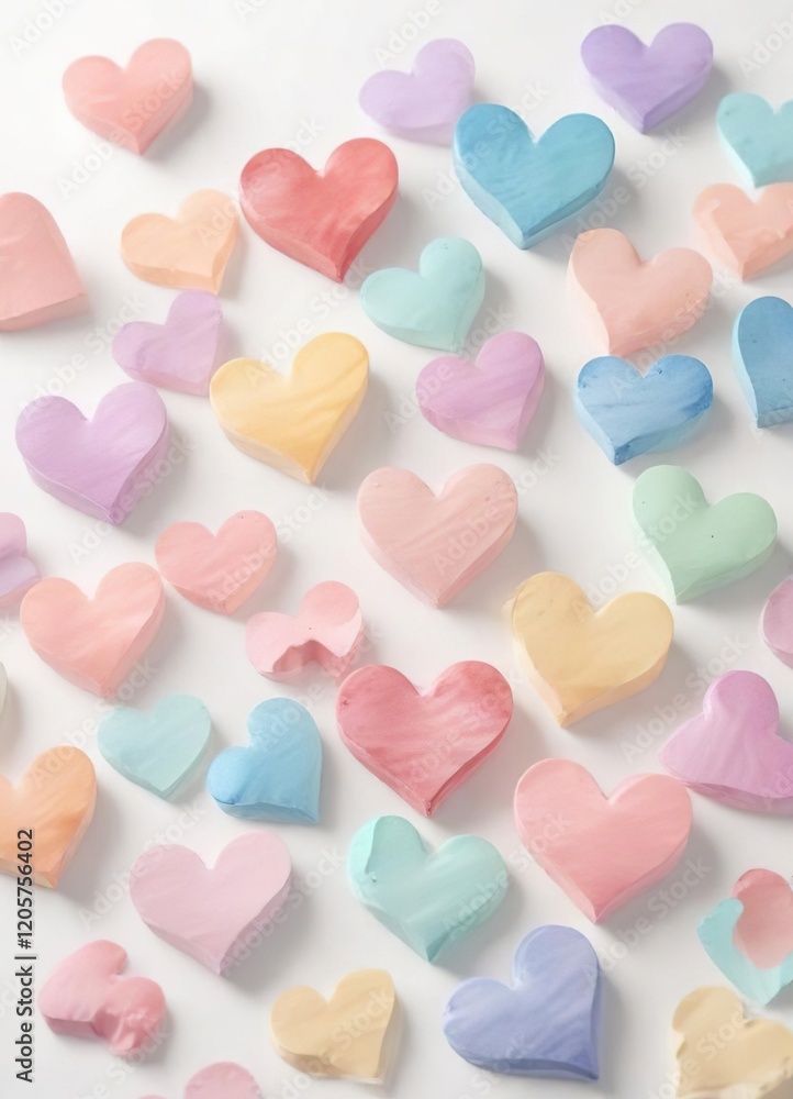 Fototapeta premium Watercolor hearts in soft pastel colors on white background, soft, valentine's day