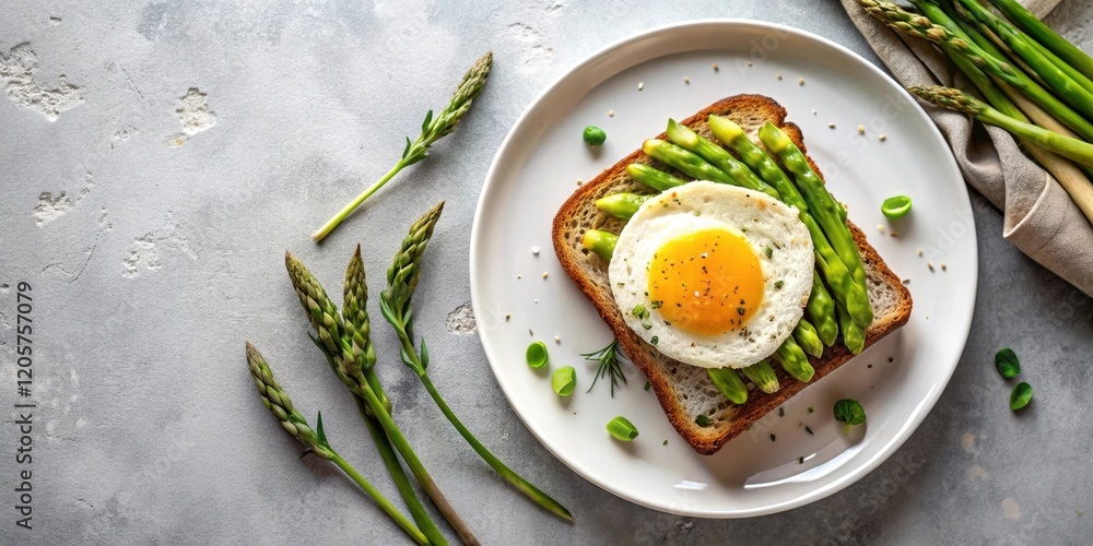 A delicious and healthy open-faced sandwich featuring a fried egg atop a bed of fresh asparagus spears on whole-grain toast. A delicious and healthy open-faced sandwich featuring a fried egg atop a bed of fresh asparagus spears on whole-grain toast.