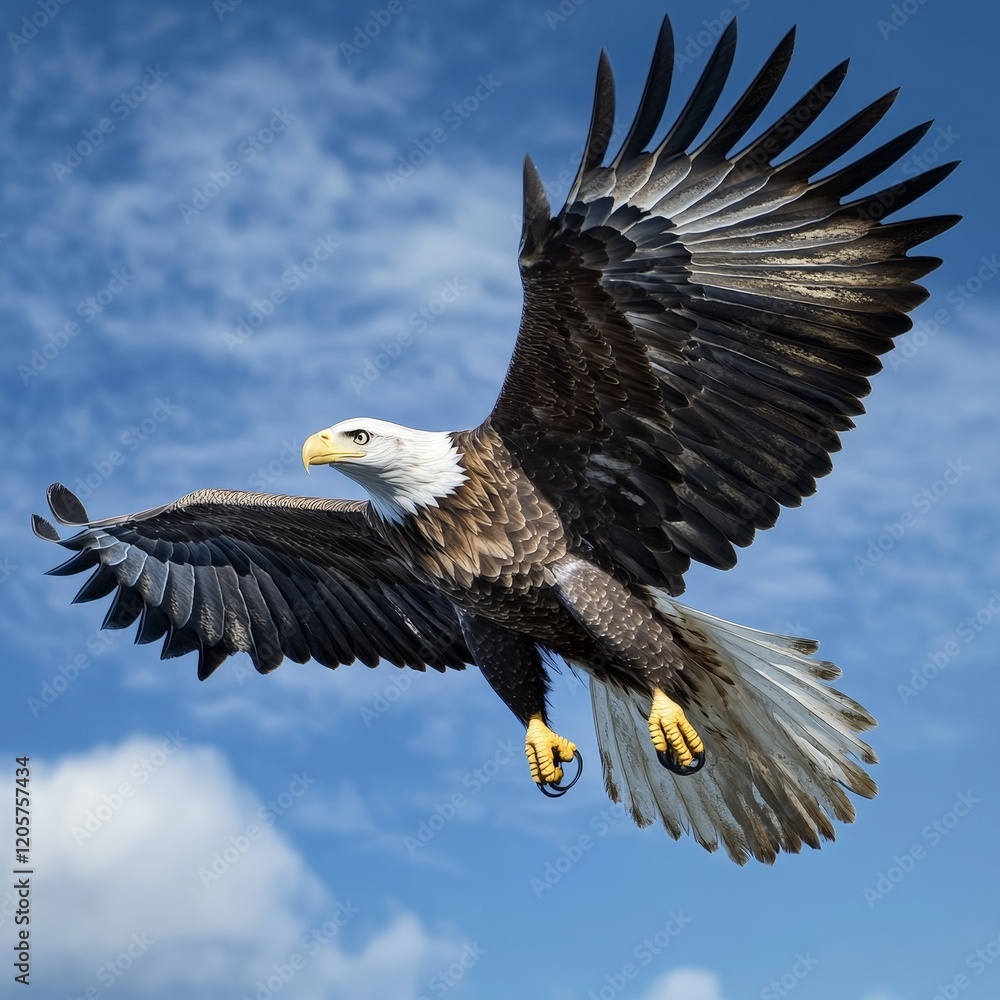 A bald eagle in flight, its wings fully spread, symbolizing freedom and strength. Perfect for wildlife and patriotic concepts. A bald eagle in flight, its wings fully spread, symbolizing freedom and strength. Perfect for wildlife and patriotic concepts.