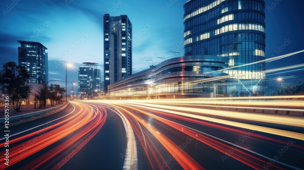 Light trails on the modern building background. Light trails at night in urban environment, Abstract Motion Blur City, traffic, transportation, street, road, speed Light trails on the modern building background. Light trails at night in urban environment, Abstract Motion Blur City, traffic, transportation, street, road, speed