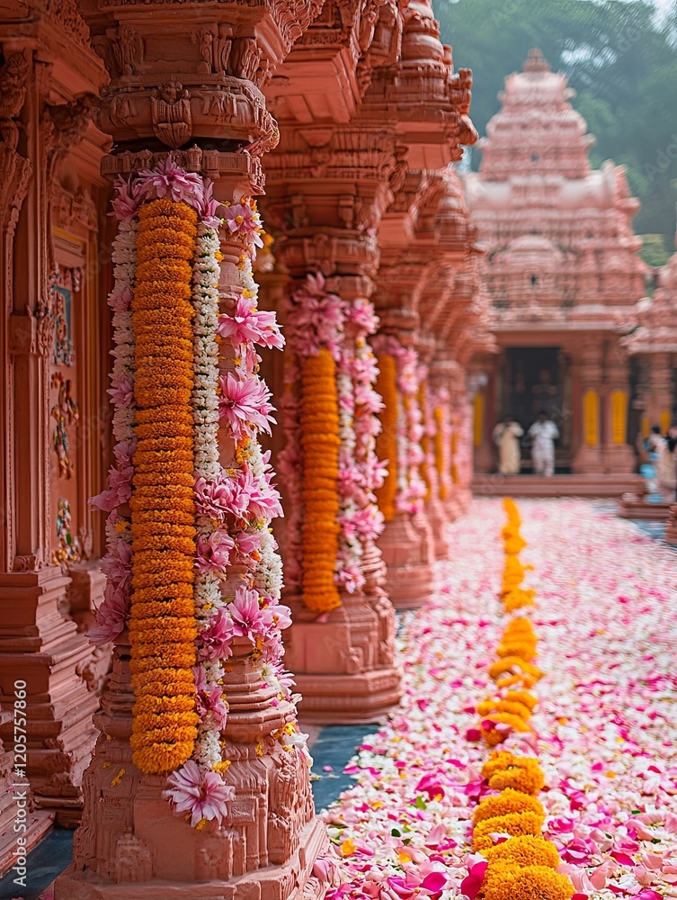 Fototapeta premium Vibrant Temple Pathway Adorned with Flowers
