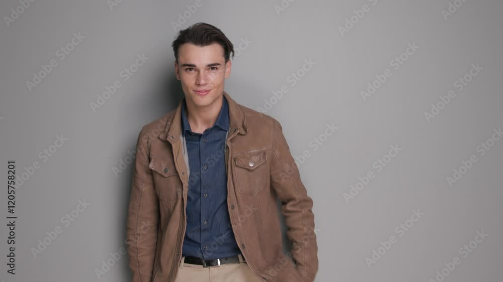 attractive model in brown leather jacket making an inviting gesture then saluting and walking to side attractive model in brown leather jacket making an inviting gesture then saluting and walking to side
