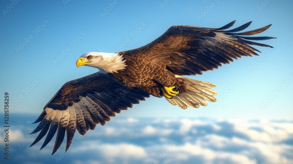 Fototapeta premium A bald eagle in flight, its wings fully spread, symbolizing freedom and strength. Perfect for wildlife and patriotic concepts.