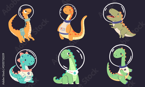 Set of flat vector illustrations in children's simple style. Cute dinosaurs in spacesuits flying in space. Vector illustration