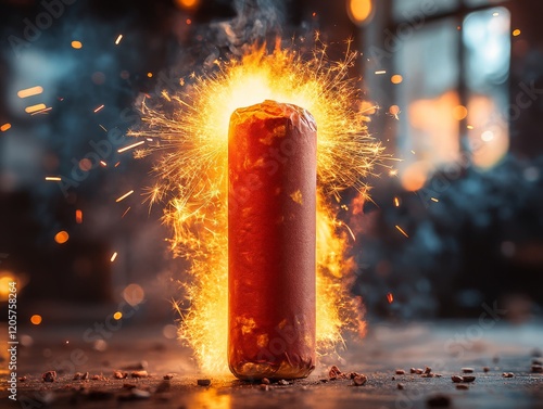 A cylindrical firework emits sparks and flames in a dramatic display. photo