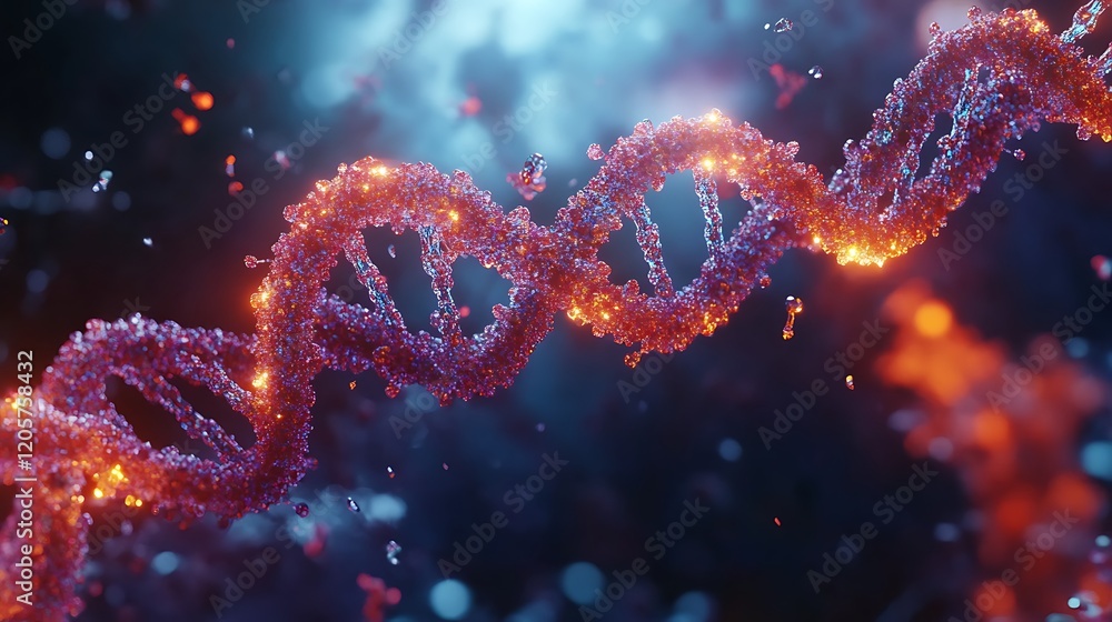 Glowing Red and Blue DNA Double Helix with Particles Glowing Red and Blue DNA Double Helix with Particles