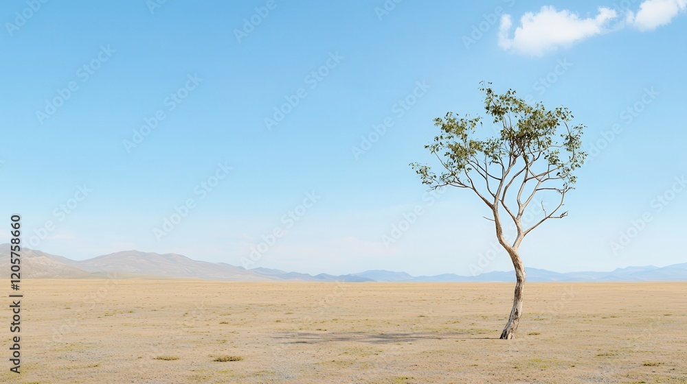 Obraz premium Climate change: Pollution and temperature rise. Lonely tree in a vast, open landscape under a clear blue sky.