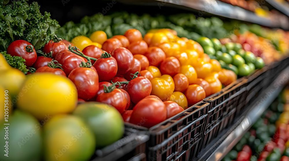 A colorful fruit and vegetable display arranged in a long line. The display is made up of a variety of fruits and vegetables, including apples, oranges, bananas, broccoli, and carrots A colorful fruit and vegetable display arranged in a long line. The display is made up of a variety of fruits and vegetables, including apples, oranges, bananas, broccoli, and carrots