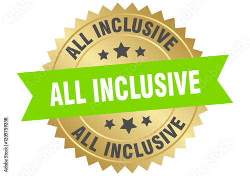 all inclusive. all inclusive round green and gold label isolated on transparent background