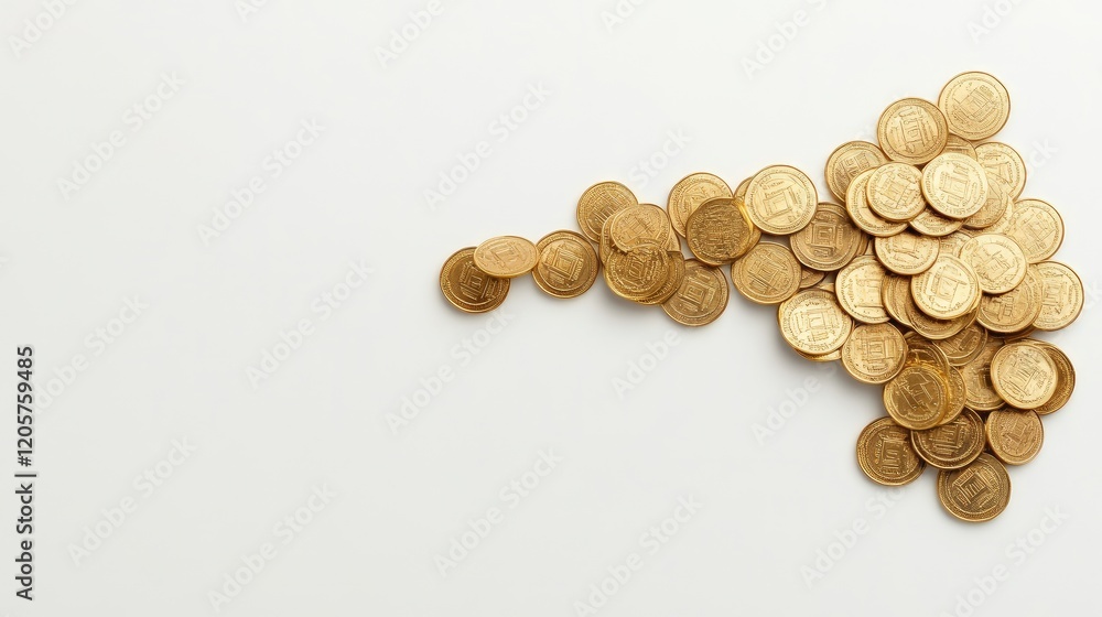A concept of success with shining gold coins arranged in an upward arrow shape on a clean white surface. A concept of success with shining gold coins arranged in an upward arrow shape on a clean white surface.