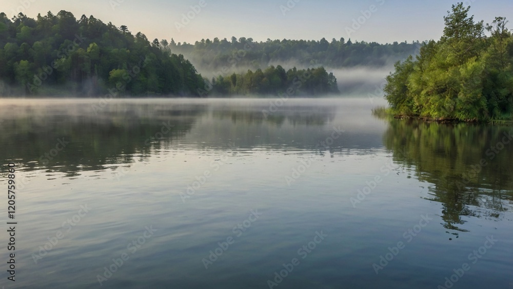 Fototapeta premium Misty Morning Serenity at the Lake