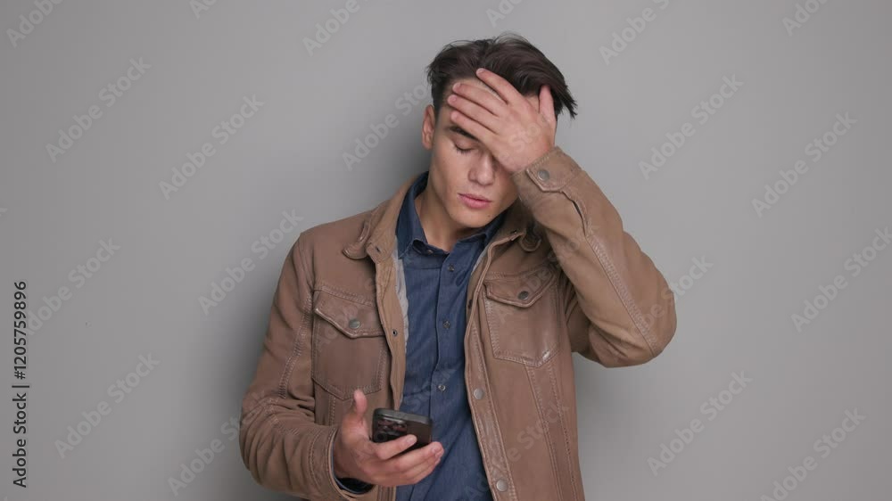 worried casual man reading an email on telephone and grabbing his forehead in shock while making negative hands gestures worried casual man reading an email on telephone and grabbing his forehead in shock while making negative hands gestures