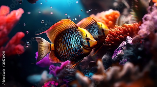 Vibrant Aquarium Paradise: Two Discus Fish Amidst Coral Reef