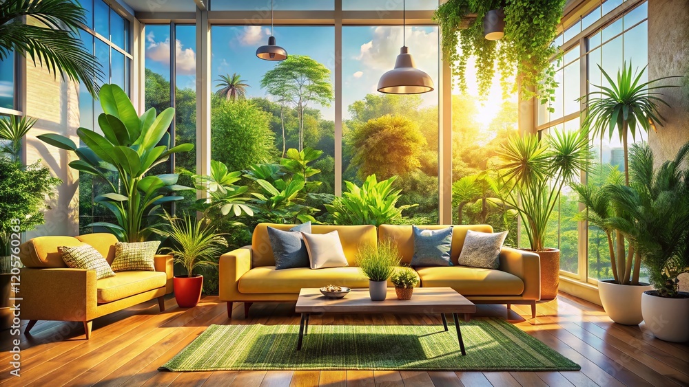 Fototapeta premium Bright Living Room Panoramic: Comfortable Sofa & Indoor Plants