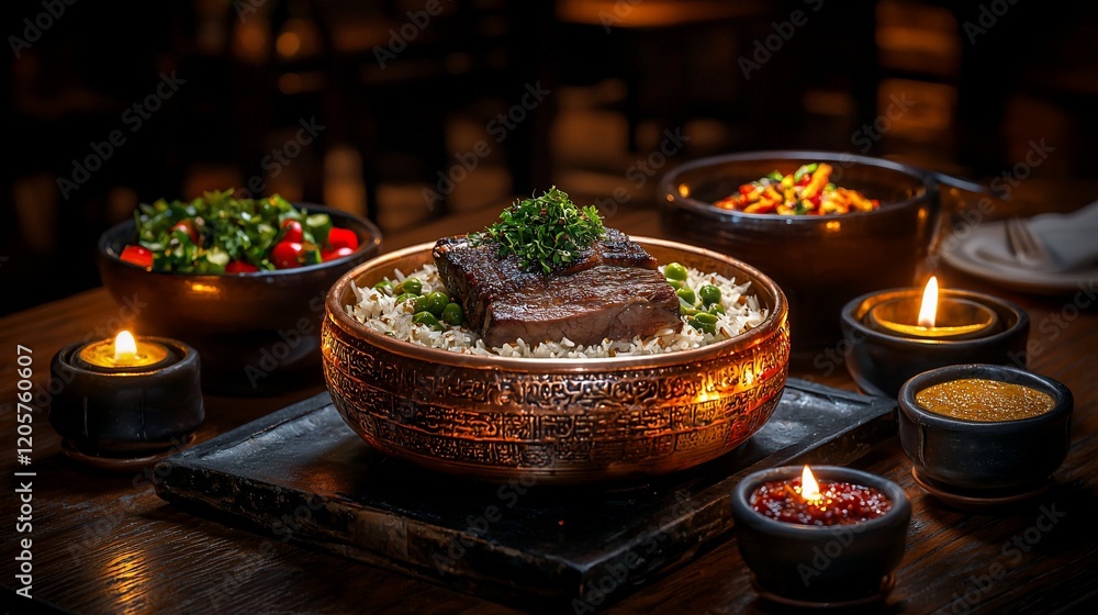 Fototapeta premium Roasted meat with rice and side dishes in rustic setting.